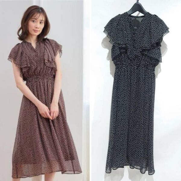 【極美品、人気モデル】ANAYI(アナイ)ミニドットシフォンラッフルワンピース 水玉