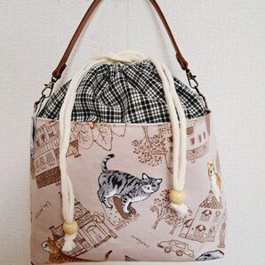 ハンドメイド バッグ カバン 巾着バッグ ネコ ショルダーバッグ ランチバッグ サブバッグ お買い物バッグ