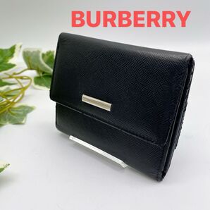 BURBERRY 三つ折り財布 ブラック 黒 レザー ロゴプレート バーバリー