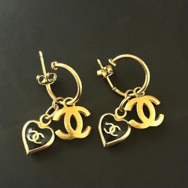 CHANEL シャネル ハート ココ スイングピアス 02P ゴールド×ブラック ヴィンテージ