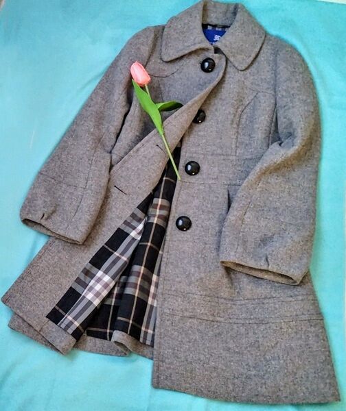 バーバリーブルーレーベル BURBERRY BLUE LABEL ウール アンゴラ コートノバチェック 38 パフスリーブ