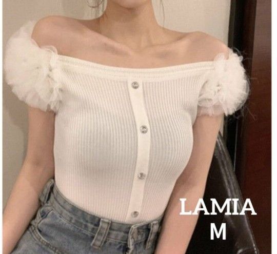 LAMIA フリル袖 カットソー М ホワイト オフショルダー シアートップス 半袖 リブ