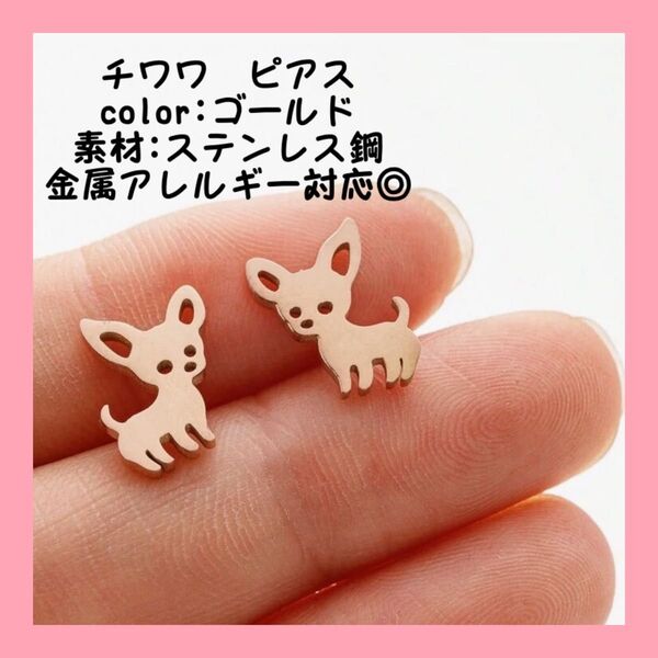 チワワ ピアス ゴールド ステンレス鋼 金属アレルギー対応 愛犬 ジュエリー つけっぱなしピアス 小型犬 子犬 アクセサリー