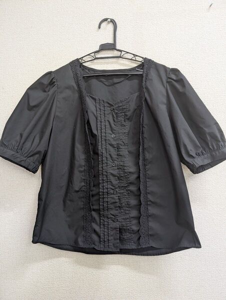 GU 黒ブラウス 半袖ブラウス レースコンビネーションブラウス XL ブラック