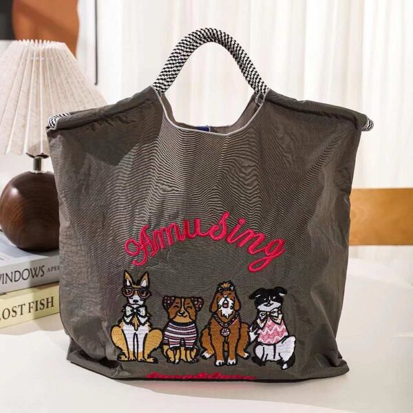 SALE 【新品未使用】犬好きさんにエコバッグ 刺繍 犬柄ダークグレーМサイズ 可愛い♪
