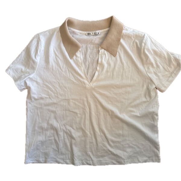 ZARA ポロシャツ ホワイト 半袖 コットン トップス カットソー リブ襟 クロップド ショート Vネック