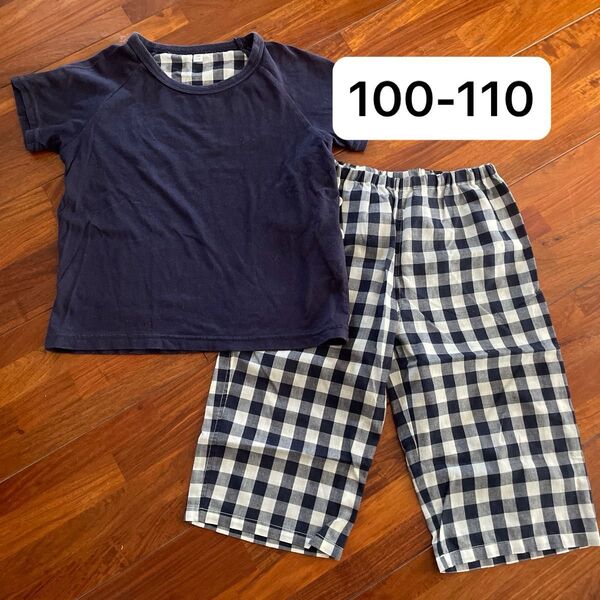 無印良品 MUJI キッズ 半袖 パジャマ ギンガムチェック 100-110 上下セット ネイビー 男の子 女の子
