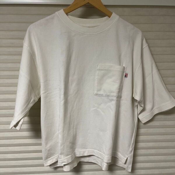 ホワイト コットン Tシャツ 半袖 五部袖 ポケット付き