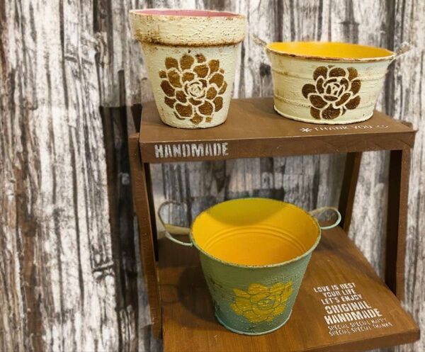 A&T工房 リメイク缶 リメイク鉢 おまとめ3個セット 多肉寄せ植え サボテン 素焼き鉢3号 プランター ガーデン雑貨