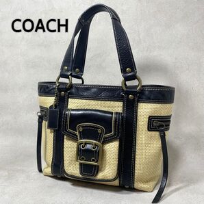 COACH コーチ ストロー レザー カゴバッグ ハンドバッグ トートバッグ ベージュ レディース ブラック