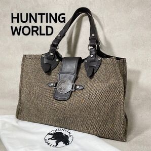 HUNTING WORLD ハンティングワールド ツイード レザー トートバッグ 肩掛け 金具 メンズレディース A4収納可能 黒