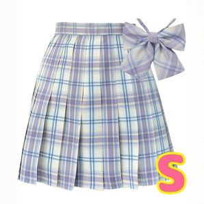 プリーツスカート チェック柄 Sサイズ ミニ丈 ブルー リボン付き 学生 制服 スカート スクールスカート 学生服