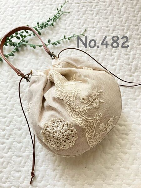 No.482*持ち手付きころりん巾着型ポーチ*ハンドメイド*小物入れ*亜麻色綿麻*