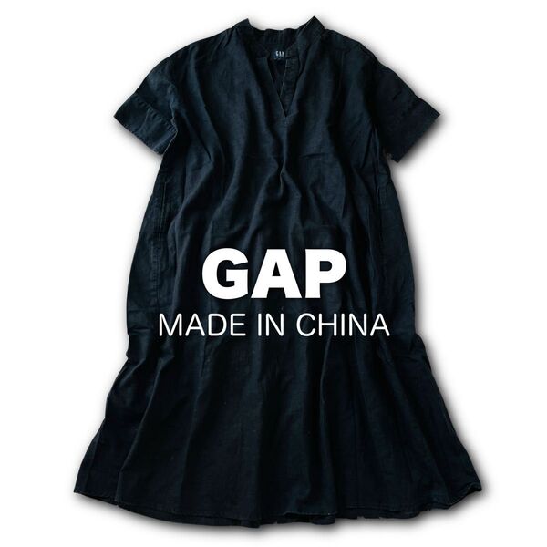 【USED】ギャップ GAP リネンポップオーバーワンピース Vネック ゆったり リラックスシルエット オーバーサイズ ブラック