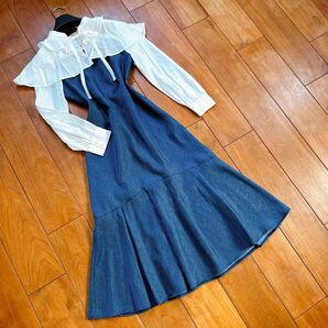 美品ノエラ ワンピース デニム 付け襟 ホワイト ネイビー noela M