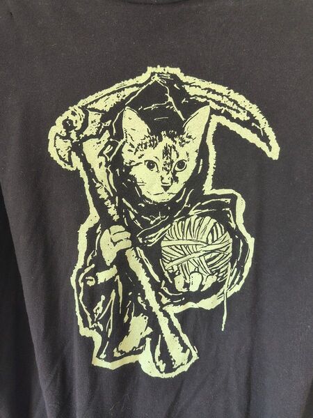 レアデザイン アニマル柄プリント Tシャツ 猫 死神ネコ 半袖 黒 XL US古着