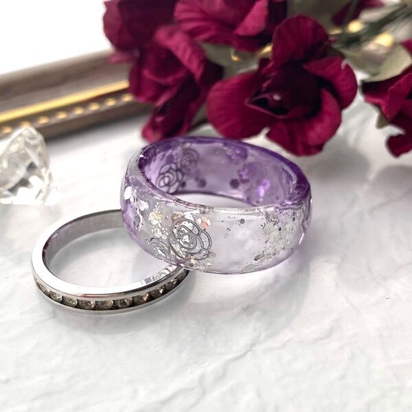 ハンドメイド★レジン リング 指輪パープル 薔薇 メタルパーツ 14号