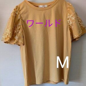 半袖Tシャツ M カットソー イエロー レディース 刺繍入り ワールド グローブ Tシャツ 半袖