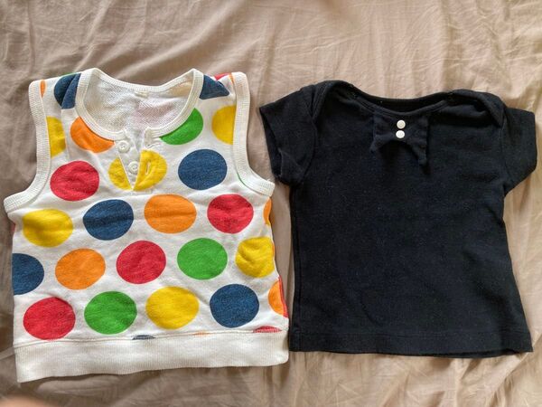 2枚セット カラフル水玉模様ベスト80サイズ、黒のデザインカットソー 半袖Tシャツ 70サイズ