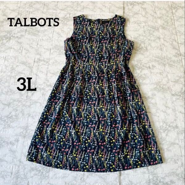 【大きいサイズ】TALBOTS タルボット ノースリーブワンピース 花柄 3L ボタニカル ブラック チェック柄