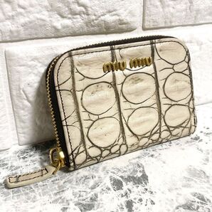 MIU MIU ミュウミュウ コインケース 小銭入れ クロコ風 レザー ホワイト ブラウン ミニウォレット