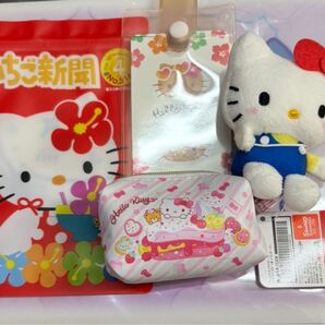 サンリオキティーちゃんぬいぐるみアクセサリー、キャラメルポーチプライズ品 カードホルダー&いちご新聞 ジッパー4点セット未使用品