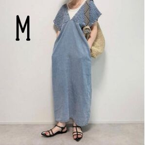 しまむら シャーリングデニムワンピース 中青 デニム M
