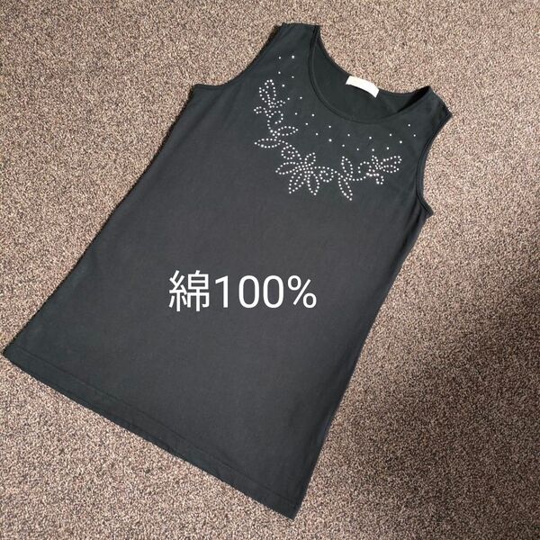 タンクトップ ノースリーブ トップス ラインストーン コットン 綿 100%
