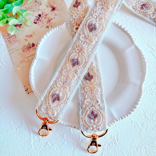 インド刺繍リボン ショルダー紐 ハンドメイド ハート ネックストラップ ショルダーストラップ