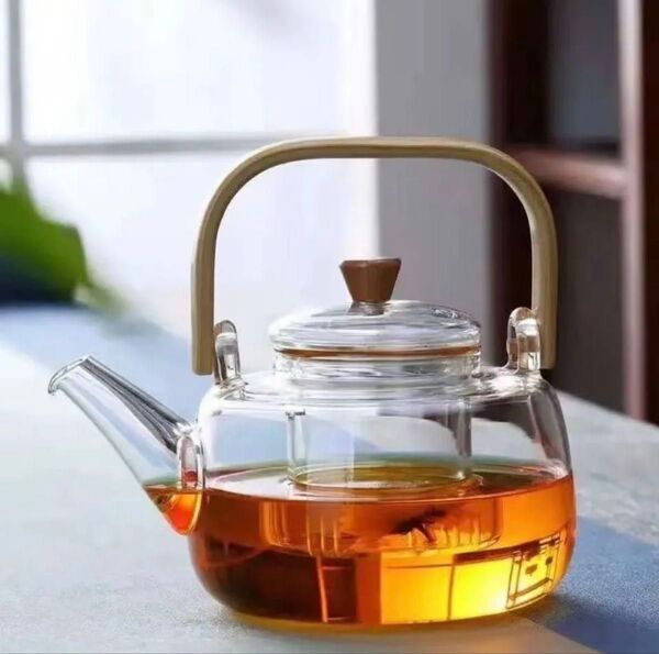 ガラス製 ティーポット 木製取っ手付き 茶こし付き コップ6個セット