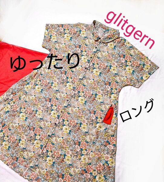 glitgern 衿付 フラワー ゆったり 前開き 半袖 ロング ワンピース グリッツァーン 花柄 上品 サンドレス リバティ風