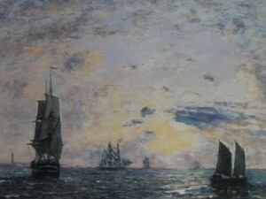 Art hand Auction Eugène Boudin, MARINE BATEAU DE PECHE, Version outre-mer super rare raisonné, Tout neuf avec cadre, y321, peinture, peinture à l'huile, Nature, Peinture de paysage