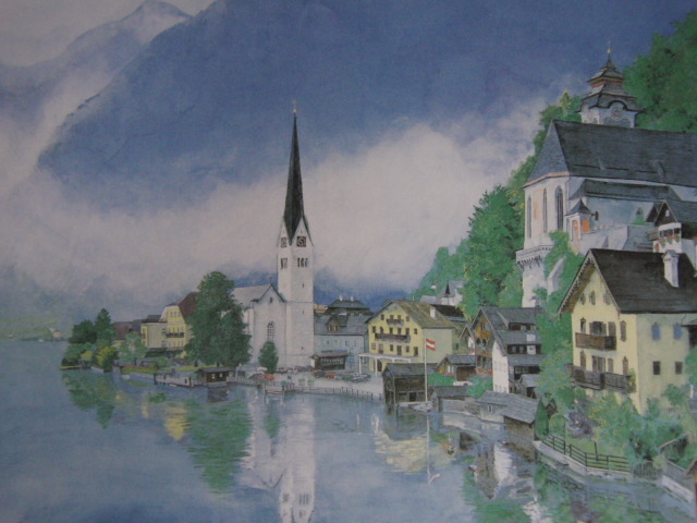 Shinji Okada, [City of Hallstatt], From a rare framed art book, Brand new with frame, Good condition, postage included, sca, painting, oil painting, Nature, Landscape painting