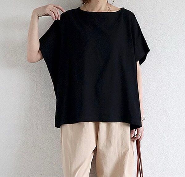 uricca カットソー レディース Tシャツ 黒 ドルマンスリーブ 半袖 無地 綿100% Lサイズ 二の腕隠し
