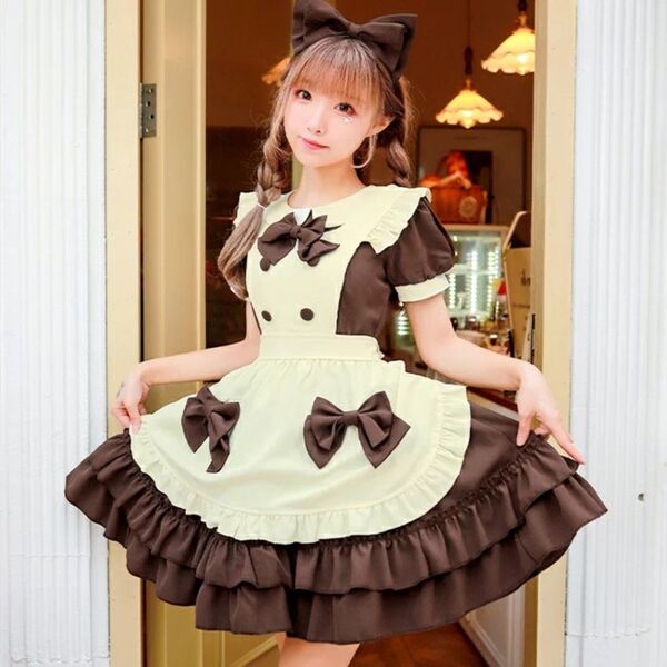ゴスロリ・ロリータドレス(クリーム色・茶色)コスプレ 仮装 メイド服 リボン コスプレ メイド服 ワンピース