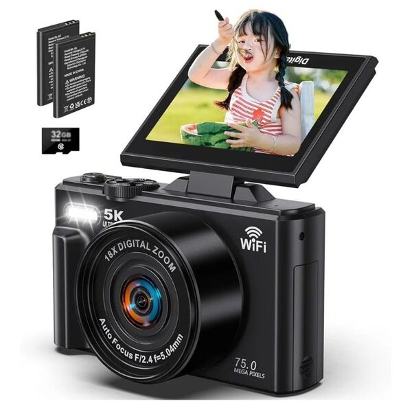 デジタルカメラ 5K録画 デジカメ 7500万画素 Wi-Fi機能 180度回転可能ディスプレイ オート18倍 バッテリー2個付