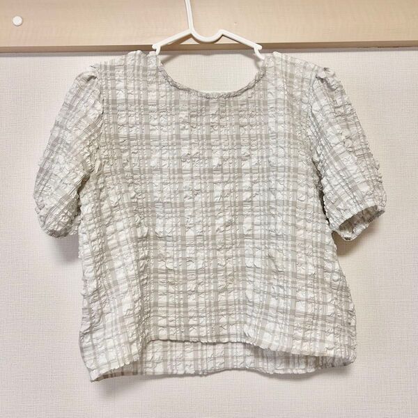 SHEIN 格子柄 チェック柄 半袖 トップス パフスリーブ ブラウス 白 トップス ブラウス カットソー 半袖 Tシャツ