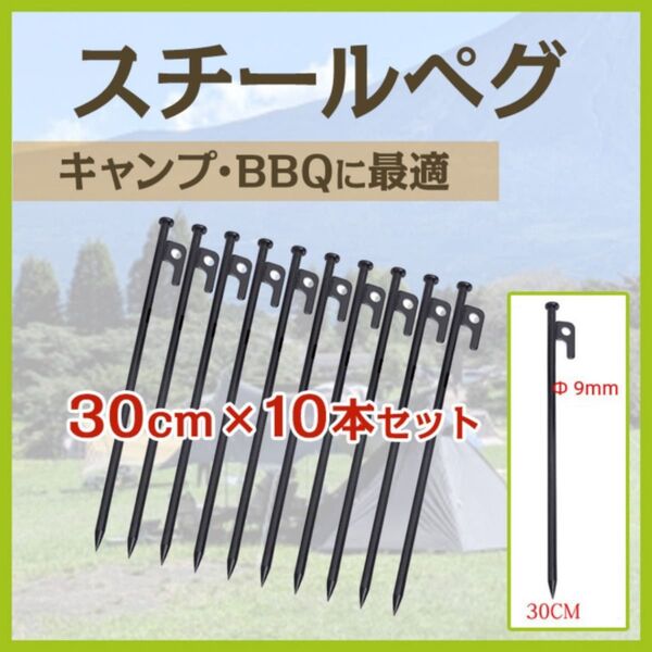 スチールペグ 30cm 10本セット キャンプ アウトドア テント ロープ ブラック 軽量 登山 黒 フック