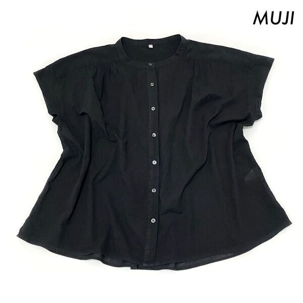 MUJI 無印良品★フレンチ袖ブラウス バンドカラー ブラック 黒 レディース M-L