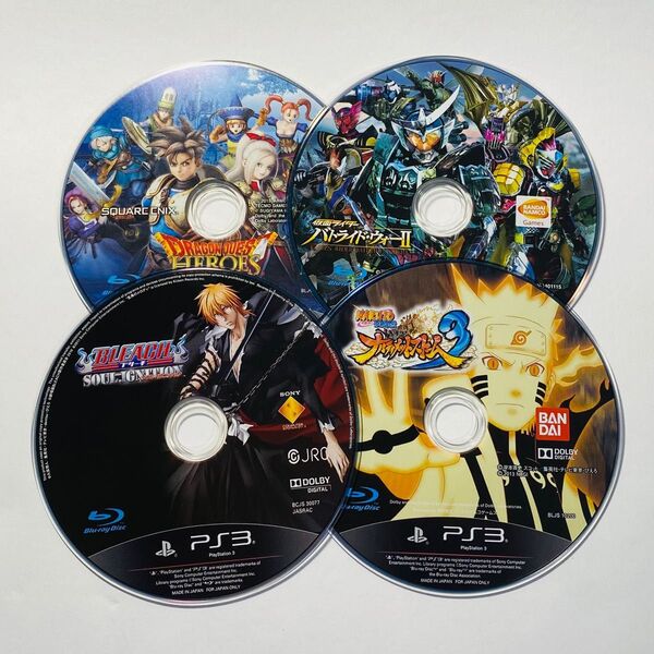 PS3 ドラクエヒーローズ、バトライド・ウォーⅡ、BLEACH、ナルティメットストーム3、4枚セット ディスクのみ