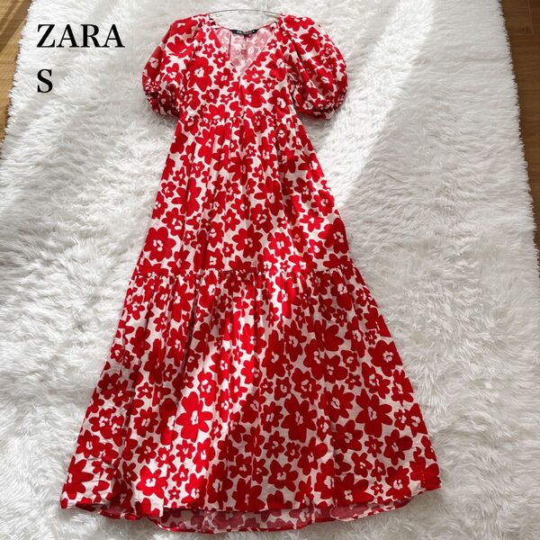 【美品】ZARA 花柄 ティアードロングワンピース パフスリーブ 総柄 赤 S