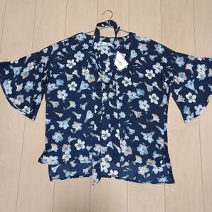 【新品タグ付き】 XXL 大きいサイズ キレイな花柄 リボン付きブラウス アンブレラスリーブ