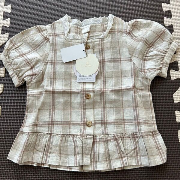 新品 テータテート tete a tete ベージュ チェック パフスリーブ トップス ブラウス 100