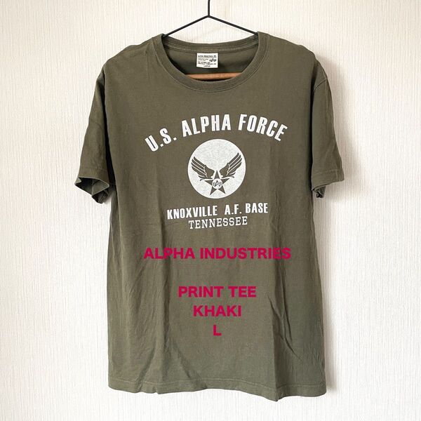 【ALPHA INDUSTRIES】アルファ インダストリーズ プリントTシャツ カーキ L 半袖 夏服 ミリタリー 匿名配送