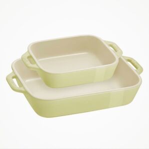 新品 ストウブ レクタンギュラーディッシュセット マカロングリーン こねないパン グラタン皿 セラミック