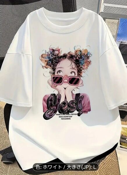 Y2K風100%キャラクタープリントTシャツ - ソフト&通気性のある半袖ティー、「」デザイン、洗濯機可、ホワイト、カジュアルな
