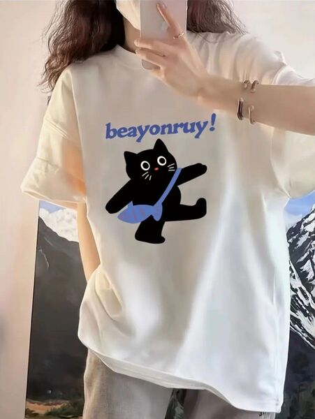 100%純綿 女性用 かわいい猫プリント 半袖Tシャツ - ルーズフィット、ラウンドネック、洗濯機可、夏のカジュアルトップ