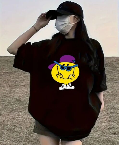 女性用カジュアルTシャツ - 遊び心のあるキャラクタープリント「私は良い」デザイン、半袖、ルーズフィット、ライトブルー
