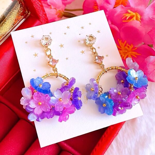 大人可愛い パープルグラデーション 桜 ハンドメイド ピアス イヤリング