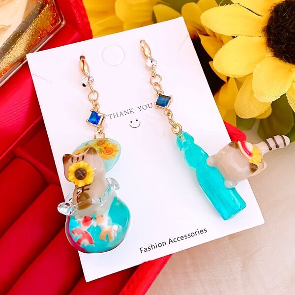 大人可愛い 猫ちゃんの夏休み ひまわり 猫モチーフ 夏 ハンドメイド ピアス イヤリング レディース アクセサリー